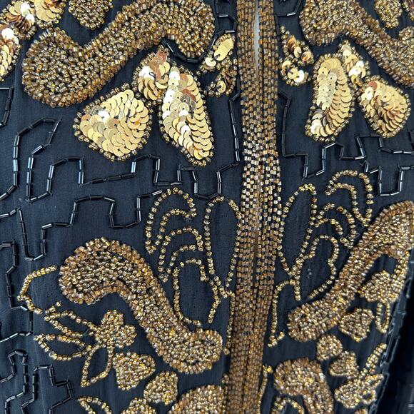 Land Mark Silk Beaded Jacket Medium Black Gold Glam Holiday Party Goth Vintage - Picture 3 of 16